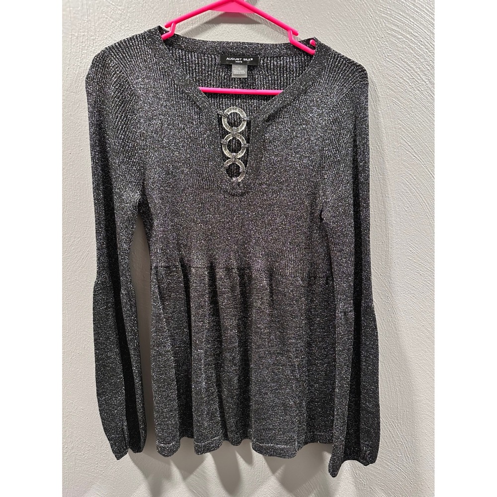 August Silk Knits Silver Metallic Peplum Sweater Ring Detail V-Neck Large